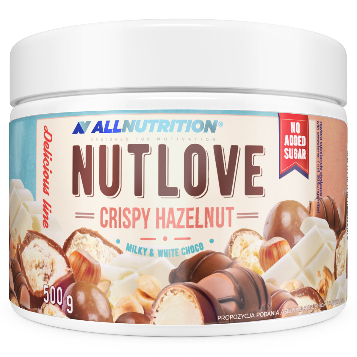 NUTLOVE baltojo ir pieniško šokolado kremas su lazdyno riešutais 500g