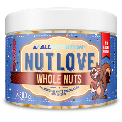 WHOLE NUTS migdolai baltajame šokolade su kokosu